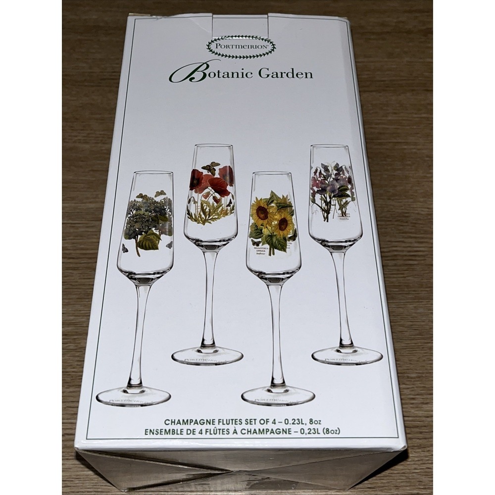 Portmeirion Botanic Garden Champagne Flutes Set of 4 Stemmed Glasses 8oz, W/ Box